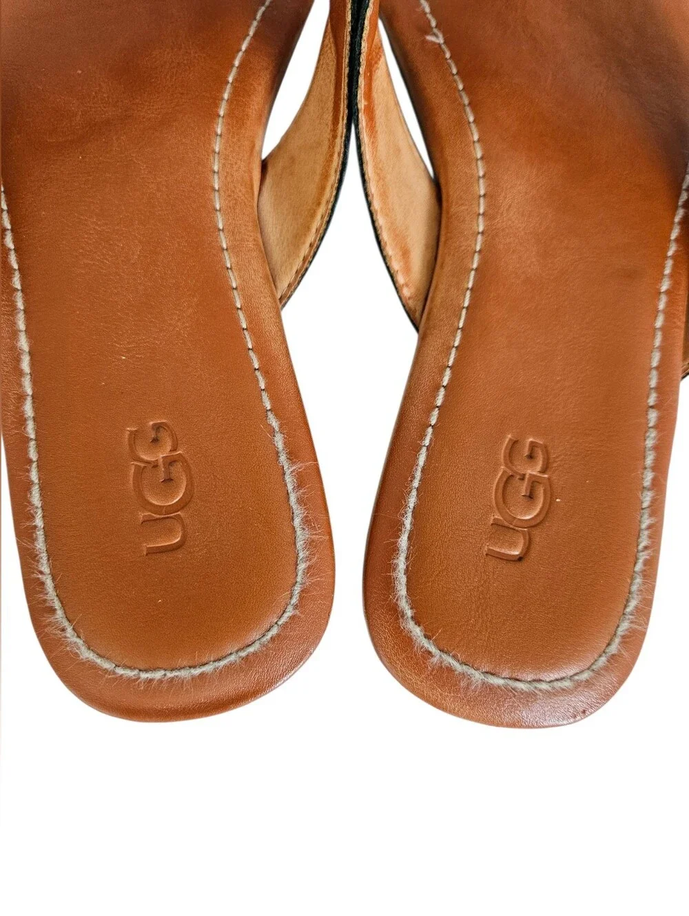 UGG Tuolumme Tan Footbed with Black Strap Leather Thong Sandals Size 7.5